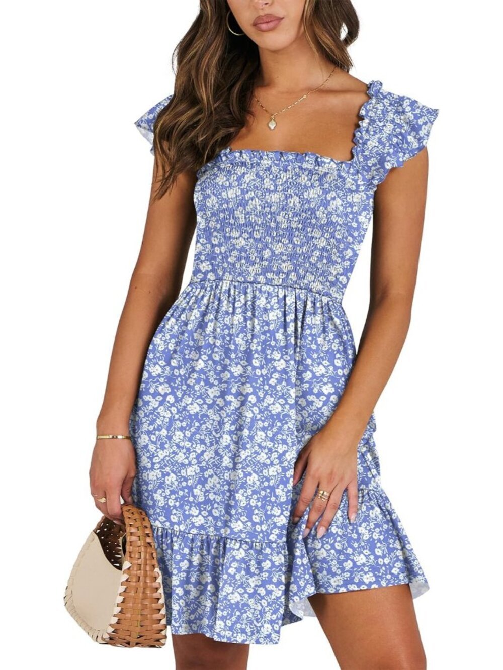 Women's Summer Sleeveless Square Neck Dress Blue White Smocked Ruffle Backless